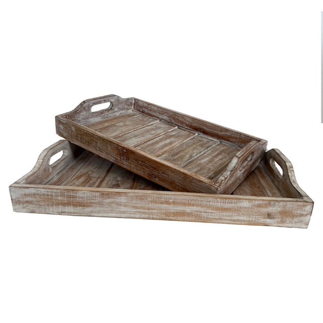 Stylish white wash wooden Butlers Tray set of 2, includes a large folding tray and a compact breakfast tray for versatile serving.