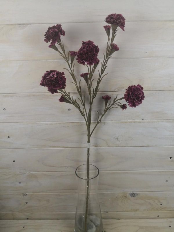 Artificial purple carnation spray with 5 flowers and 9 buds, ideal for home decor and low-maintenance arrangements.
