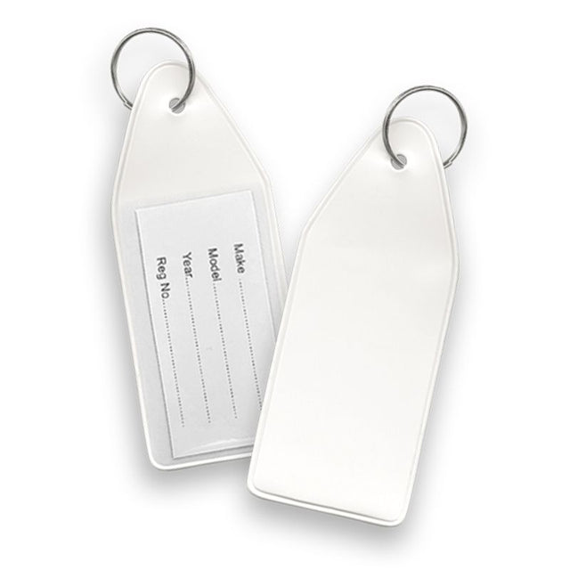 White vinyl key tags, 8.3cm, set of 10, with removable inserts for easy labeling and organization of keys and items.