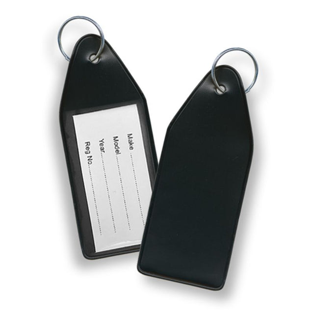 Set of 10 black vinyl key tags, 8.3 cm long, with removable inserts for easy organization and elegant display.