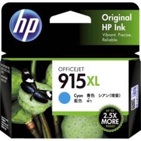 HP 915XL Cyan Ink Cartridge for inkjet printers, high yield up to 825 pages, vibrant colors, easy to replace.