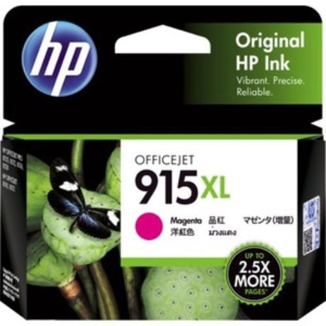 HP 915XL Magenta Ink Cartridge for inkjet printers, high yield up to 825 pages, ensures vibrant, professional-quality prints.