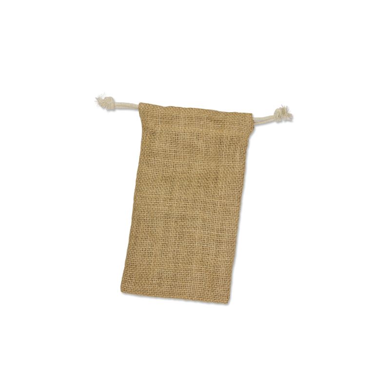 Eco-friendly small natural jute gift bag with cotton drawstrings, perfect for sustainable gifting. Dimensions: 18.5cm x 11cm.