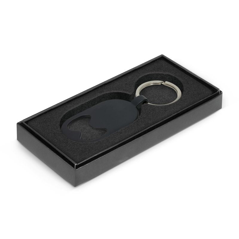 Sleek black metal bottle opener key ring, 7cm long, includes a matte finish and comes in an elegant gift box.
