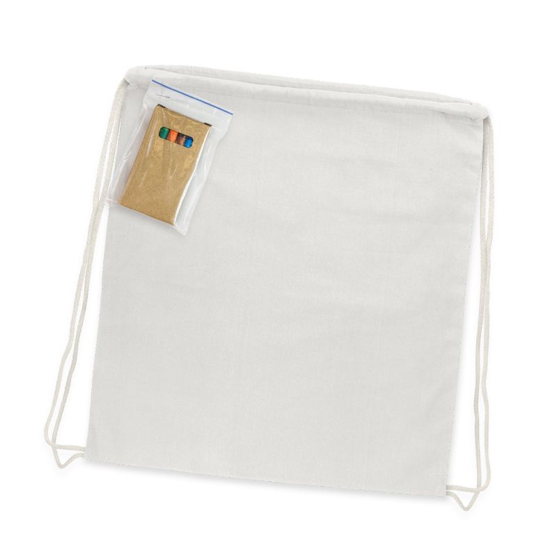 Set of 5 white cotton drawstring backpacks with non-toxic crayons for customizable arts and crafts activities.