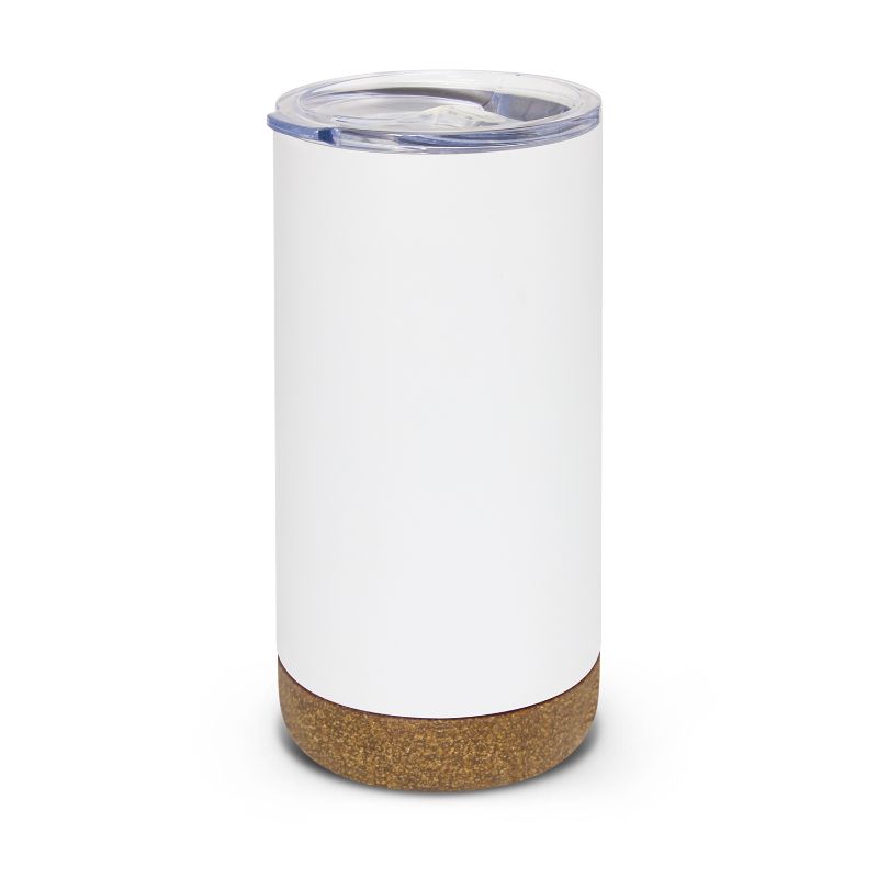 White vacuum insulated 500ml cup with cork pattern, secure lid, and non-slip base for hot or cold drinks on the go.