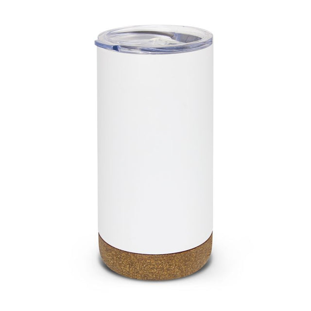 White vacuum insulated 500ml cup with cork pattern, secure lid, and non-slip base for hot or cold drinks on the go.