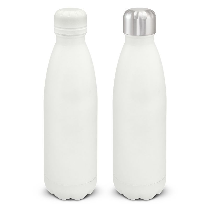Sleek white 500ml vacuum bottle, double wall insulated, keeps drinks cold for 24 hours or hot for 12, BPA-free, durable design.