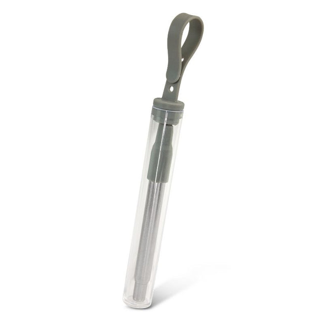 Telescopic grey straws with silicone mouthpieces and a carry case, perfect for eco-friendly sipping on the go. Set of 5.