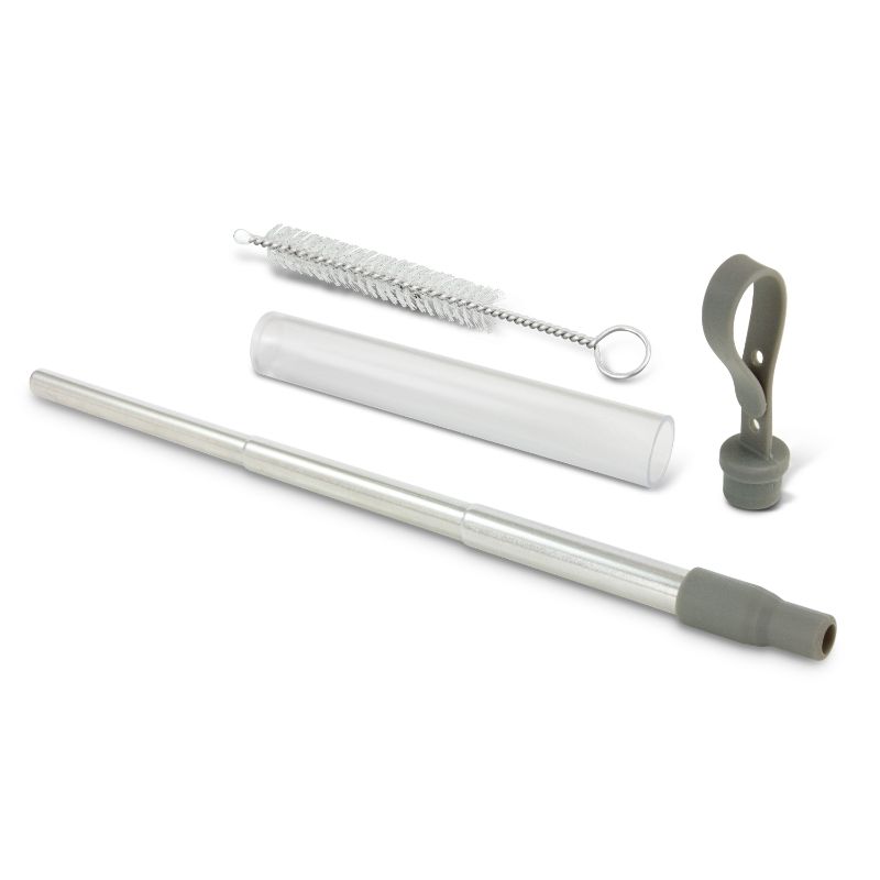 Reusable grey telescopic straws with cases, perfect for eco-friendly drinking on-the-go. Set of 5 with cleaning brush included.