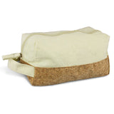 Set of 5 eco-friendly Oakridge toiletry bags in natural canvas with cork accents, featuring zip closures and sturdy handles.