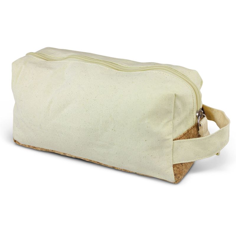 Set of 5 eco-friendly toiletry bags made from unbleached cotton canvas with cork accents, featuring a handle and zippered closure.
