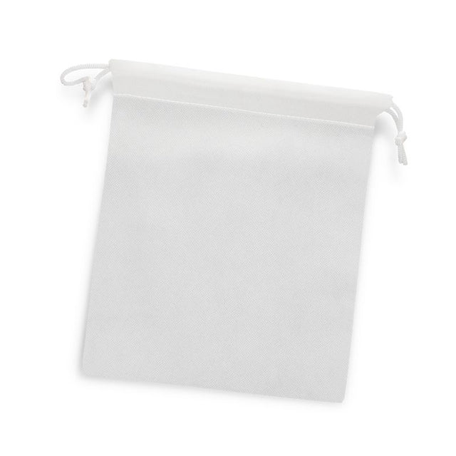 Set of 10 medium white drawstring gift bags, 25.3cm tall, made of durable eco-friendly material for stylish gifting.