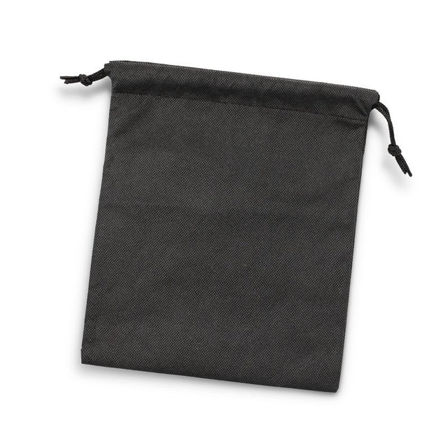 Medium black drawstring gift bags measuring 25.3cm x 21.5cm, set of 10, made from eco-friendly polypropylene.
