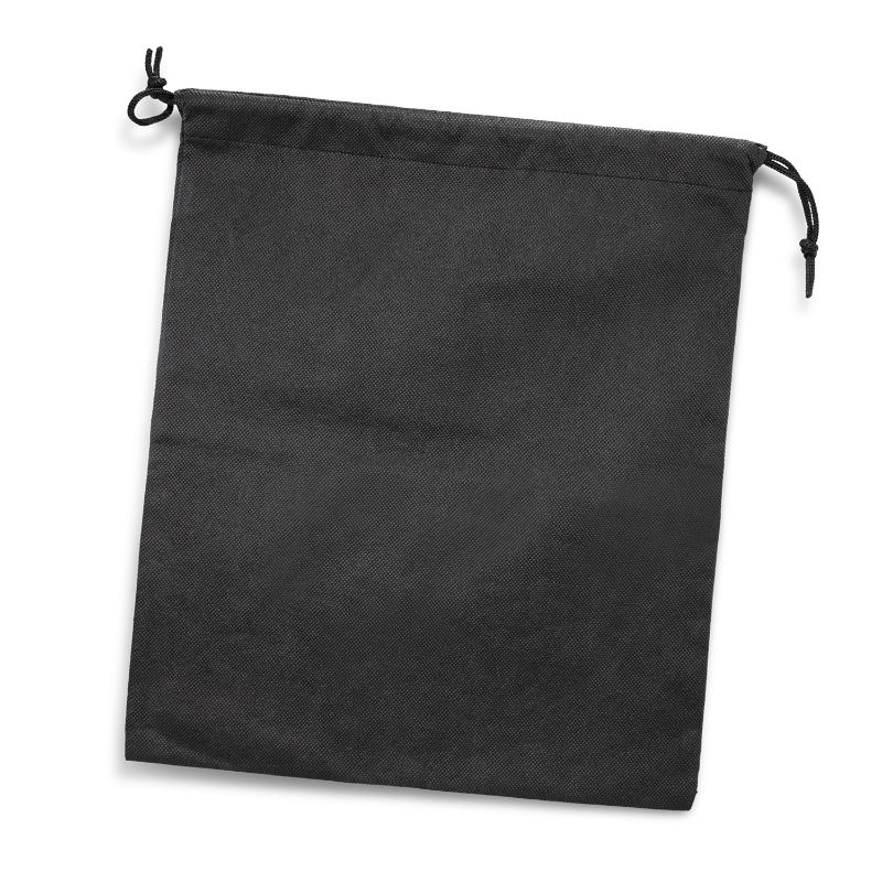 Set of 10 large black drawstring gift bags, 37.5cm, made from durable non-woven polypropylene, perfect for stylish gifting.