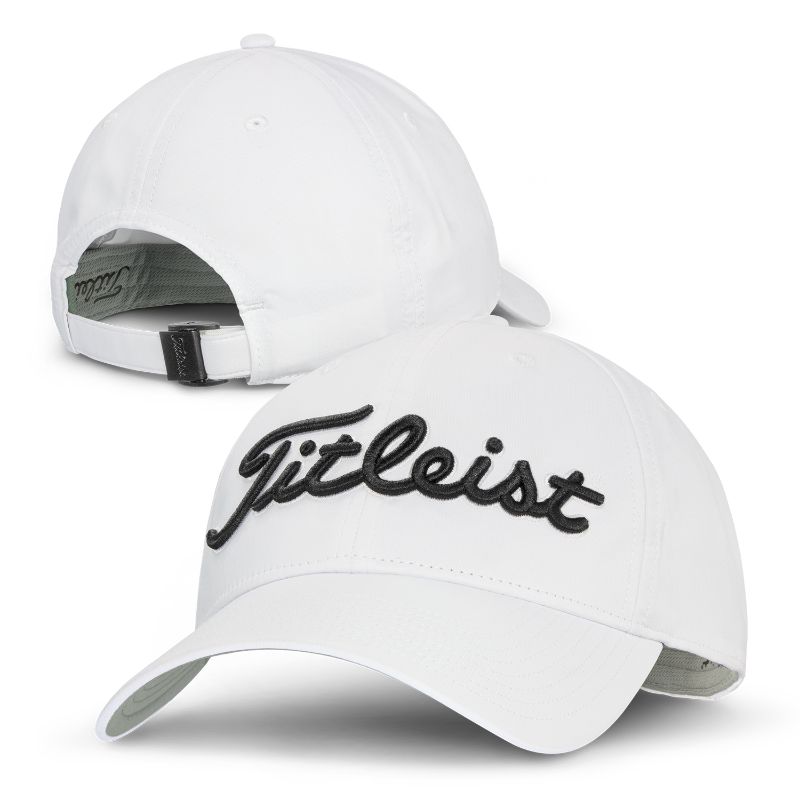 Titleist Tour Performance Cap in white, featuring moisture-wicking fabric, UV protection, and a snug adjustable fit for golfers.