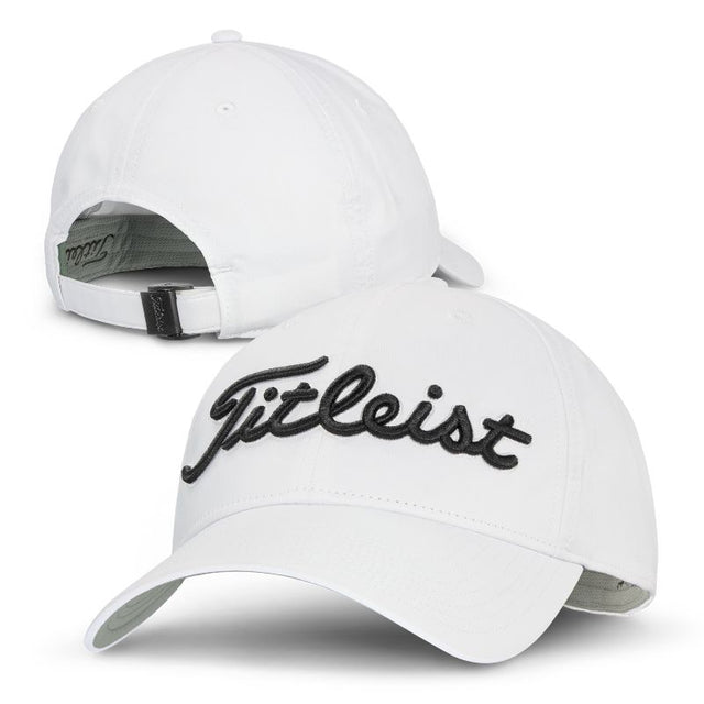 Titleist Tour Performance Cap in white, featuring moisture-wicking fabric, UV protection, and a snug adjustable fit for golfers.