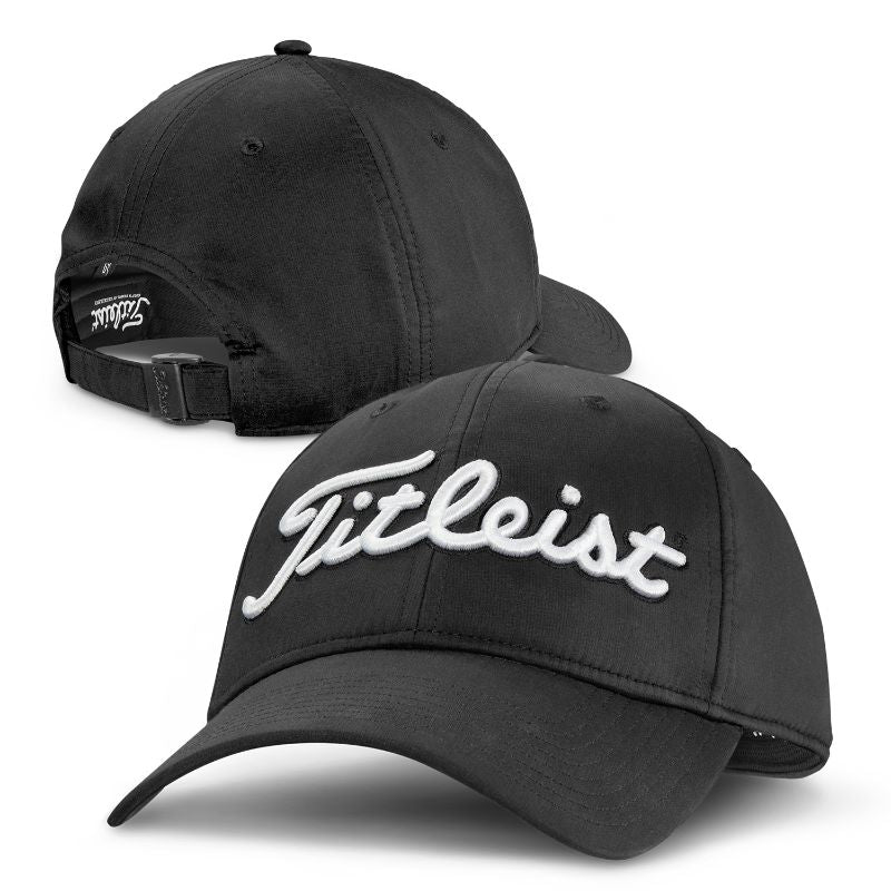 Black Titleist Tour Performance Cap featuring moisture-wicking fabric, UV protection, 3D logo, and adjustable fit.