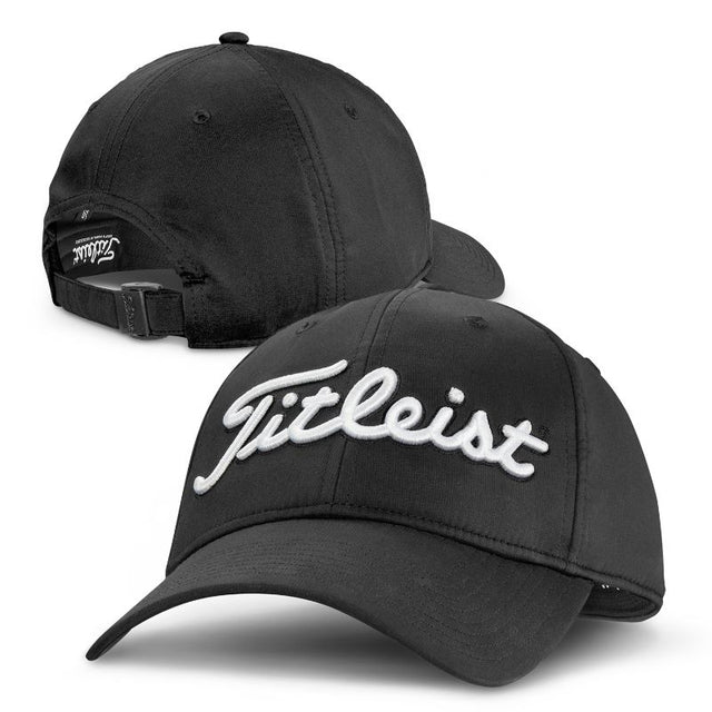 Black Titleist Tour Performance Cap featuring moisture-wicking fabric, UV protection, 3D logo, and adjustable fit.