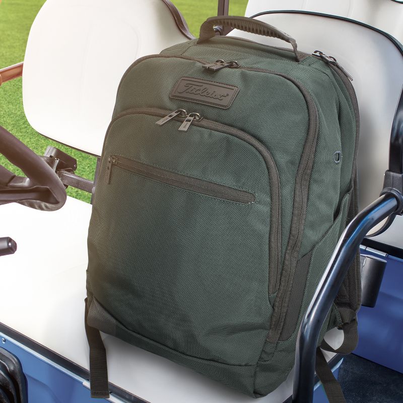 Charcoal Titleist Players Backpack with adjustable straps, spacious compartments, and side drink sleeves, perfect for golfers and travelers.