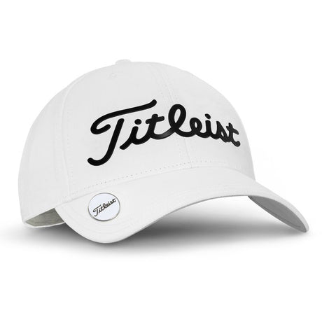 Titleist Performance Ball Marker Cap in white, featuring moisture-wicking fabric, UV protection, and a magnetic ball marker.