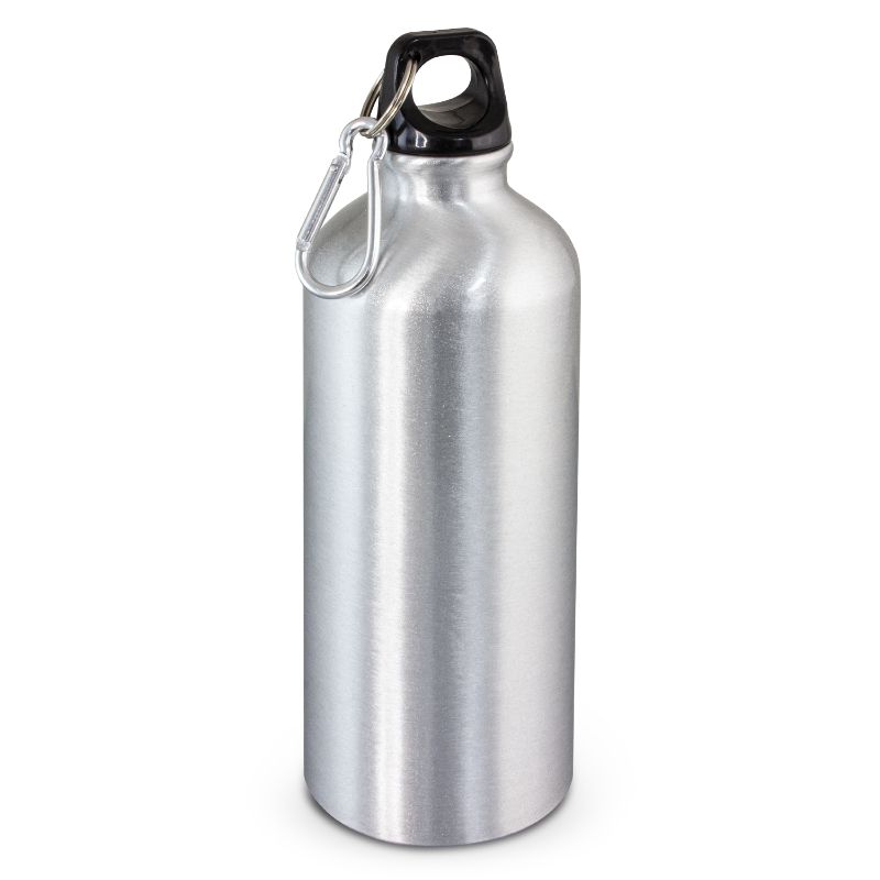 Sleek silver 600ml aluminium bottle with secure lid, carry handle, and carabiner for easy hydration on the go.
