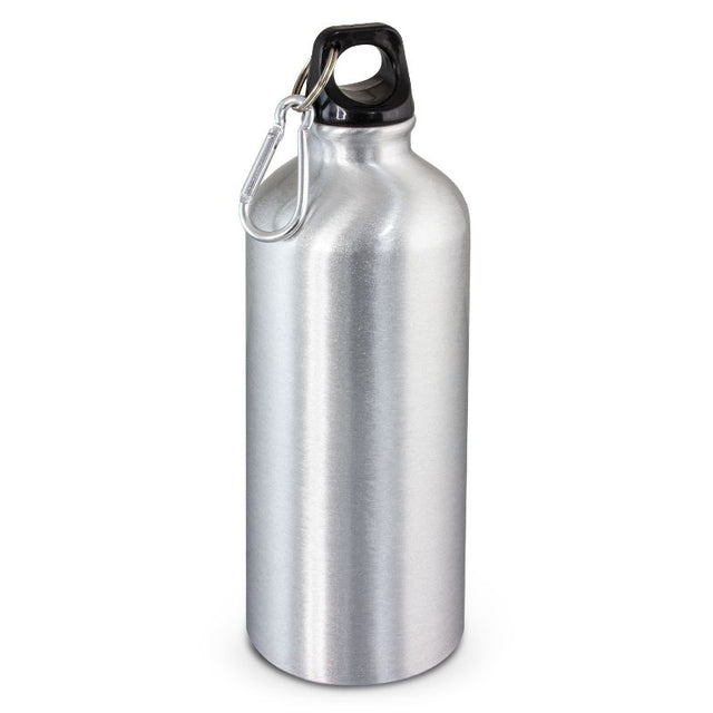 Sleek silver 600ml aluminium bottle with secure lid, carry handle, and carabiner for easy hydration on the go.