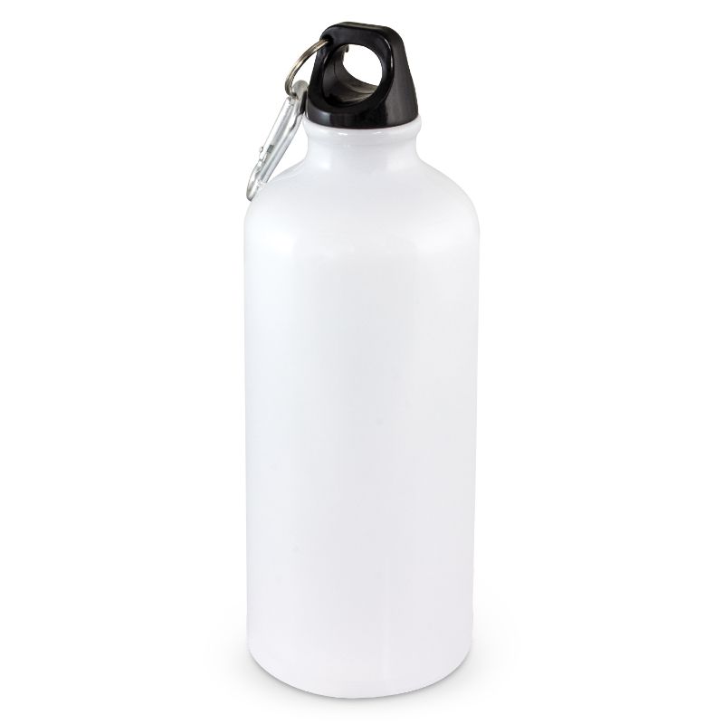 Eco-friendly 600ml white aluminium bottle with secure lid, carry handle, and carabiner for easy attachment to bags.