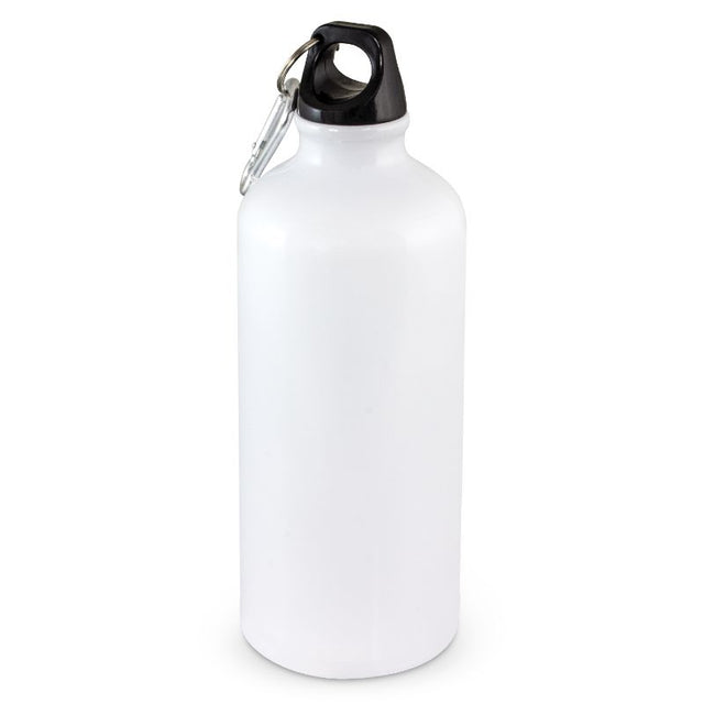 Eco-friendly 600ml white aluminium bottle with secure lid, carry handle, and carabiner for easy attachment to bags.