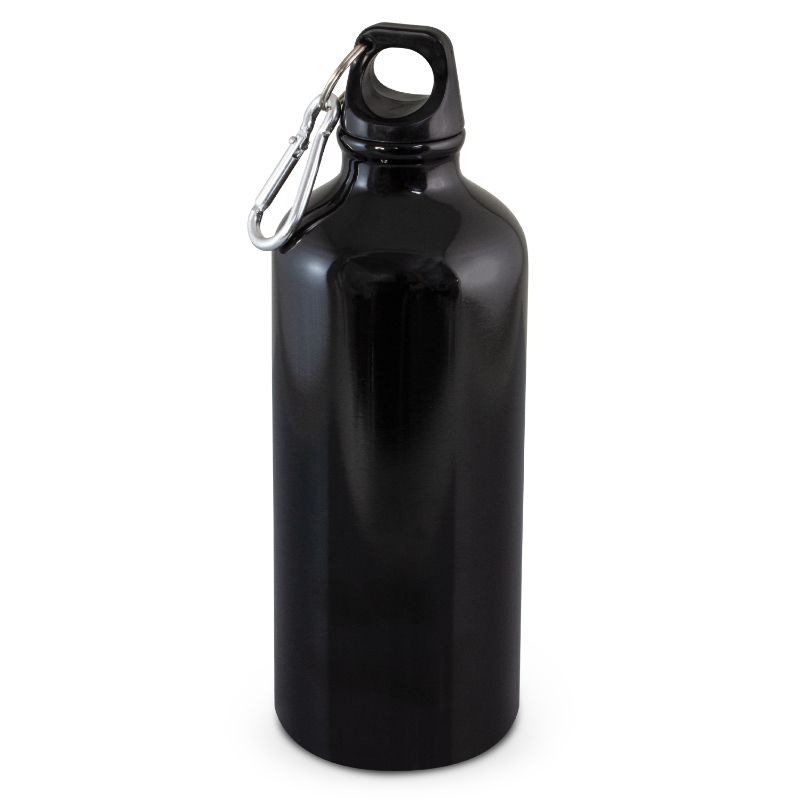 Sleek black 600ml aluminum bottle with secure lid, carry handle, and carabiner for easy attachment to bags.