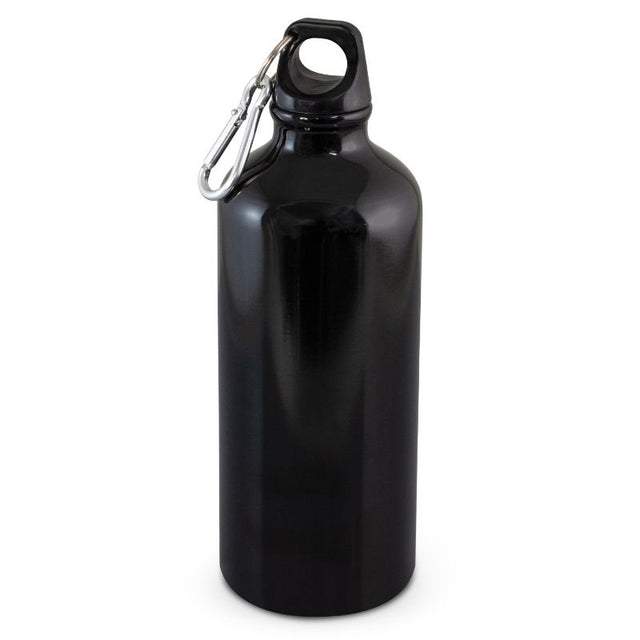 Sleek black 600ml aluminum bottle with secure lid, carry handle, and carabiner for easy attachment to bags.