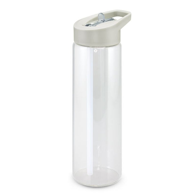 Stylish clear 700ml borosilicate glass bottle with a screw-on lid, carry handle, and flip-out straw for easy hydration.