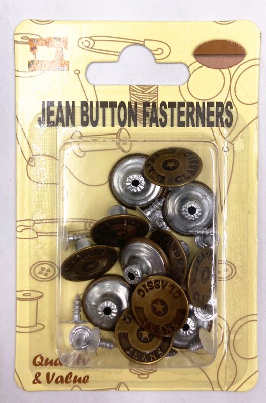 "Set of 12 durable 17mm jean button fasteners for easy denim repairs and upgrades."