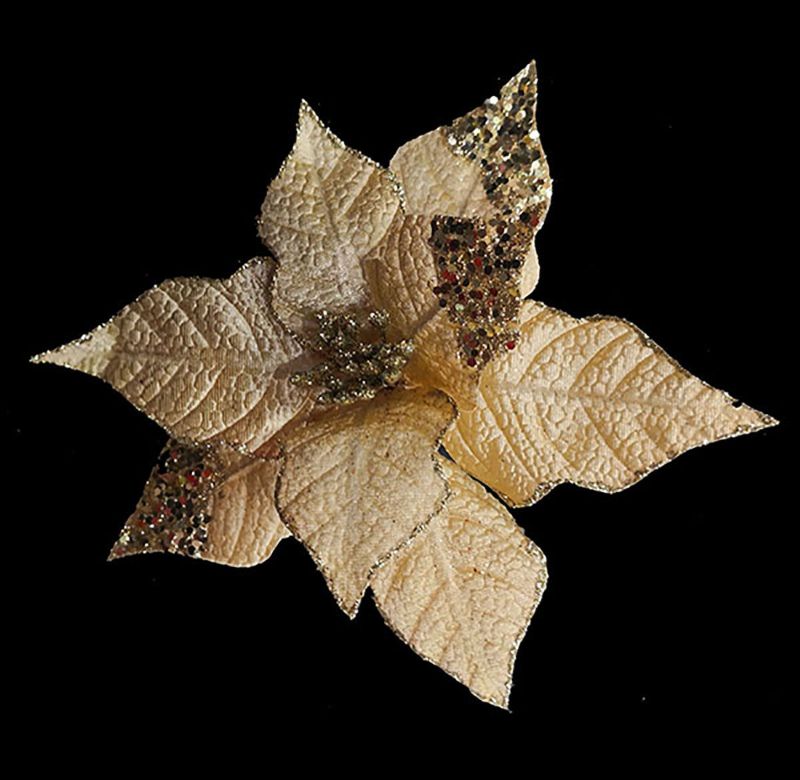 Glittering gold artificial poinsettia with sequins, perfect for elegant holiday decor and seasonal arrangements.