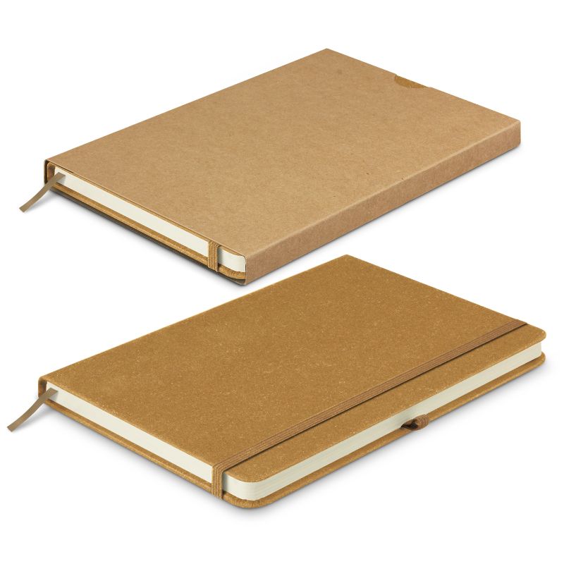 Set of 5 eco-friendly notebooks with recycled leather covers, cream lined pages, and convenient bookmark and pen loop.