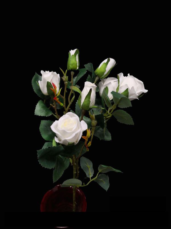 Artificial white rose stem with 7 lifelike flowers, 62 cm tall, perfect for elegant home decor and special events.
