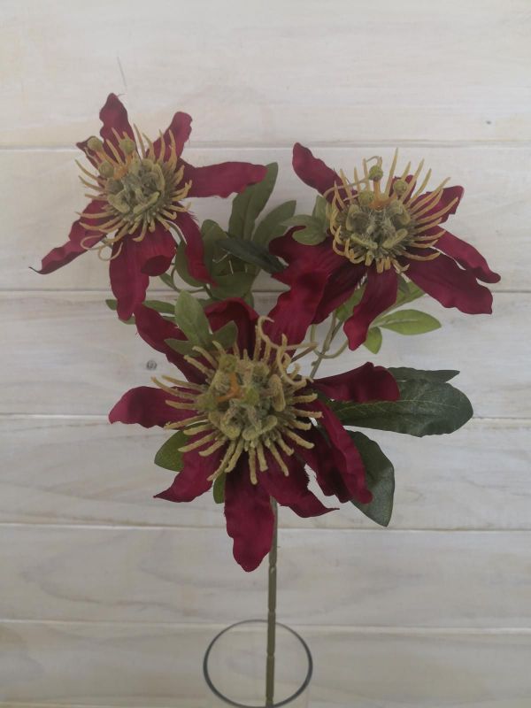 Vibrant red artificial passion fruit flower spray, perfect for home decor and event arrangements.