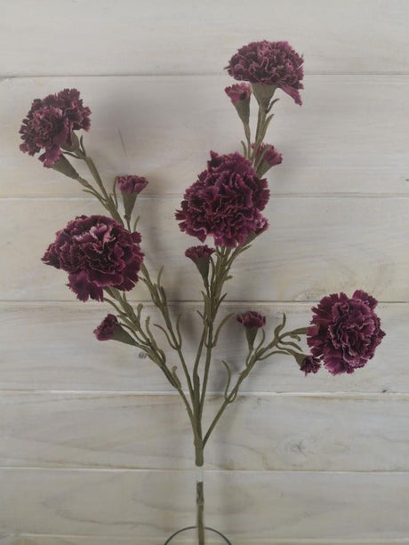 Vibrant purple artificial carnation spray featuring five flowers and nine realistic buds for stunning floral arrangements.