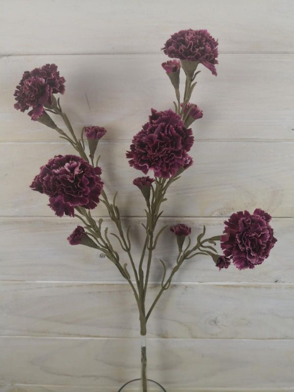 Vibrant purple artificial carnation spray featuring five flowers and nine realistic buds for stunning floral arrangements.