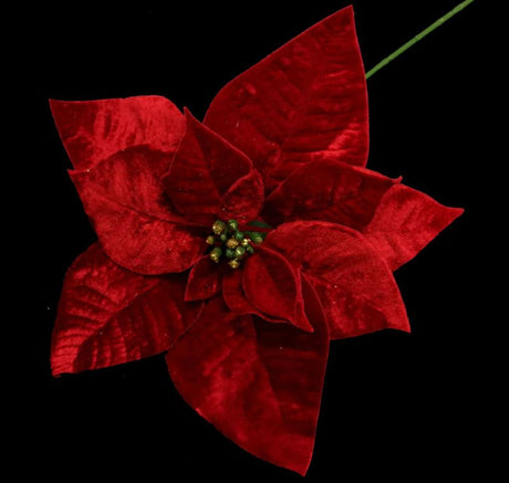 Large red artificial velvet poinsettia, perfect for festive decor, no maintenance required, adds elegance to any space.