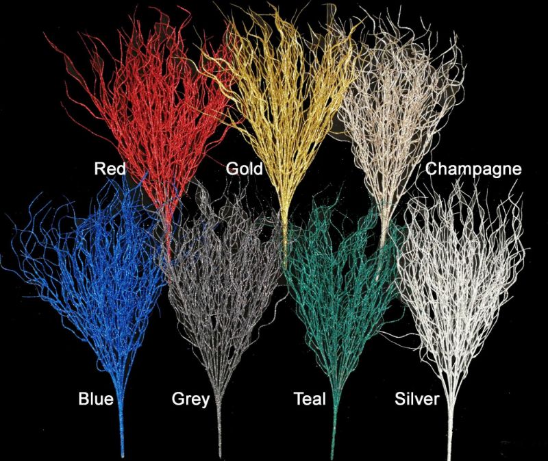 Vibrant red artificial glitter twisted willow bush, 50cm tall, perfect for elegant decor and festive displays.