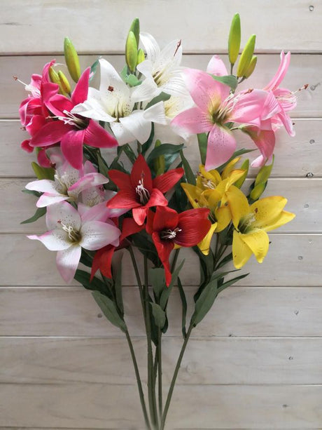 Vibrant artificial tiger lily spray with 2 flowers and a bud, perfect for enhancing home décor and adding color.
