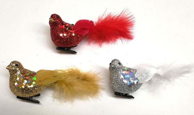 Colorful glitter birds with fluffy tails, perfect for holiday decor, measuring 3.5 inches, set of 12 assorted styles.