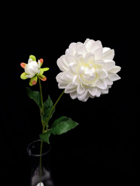Artificial white dahlia with bud, showcasing elegance for home decor, weddings, and events with no maintenance required.