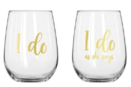 Elegant stemless wine glasses with 'I Do' imprint, perfect for weddings, toasting, and celebrating love, 430ml capacity.