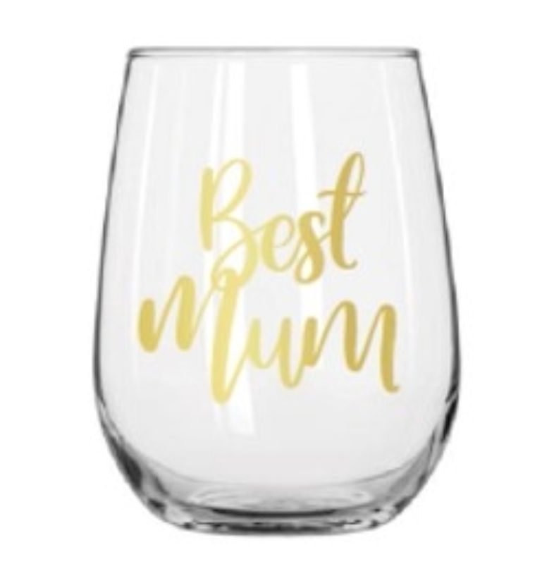 Stemless wine glass with 'Best Mum' inscription, perfect gift for wine-loving mothers, holds 430ml.