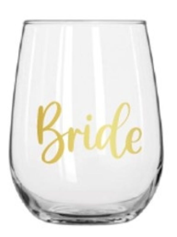 Elegant stemless wine glass for brides, 430ml capacity with 'Bride' print, perfect for toasting at wedding celebrations.