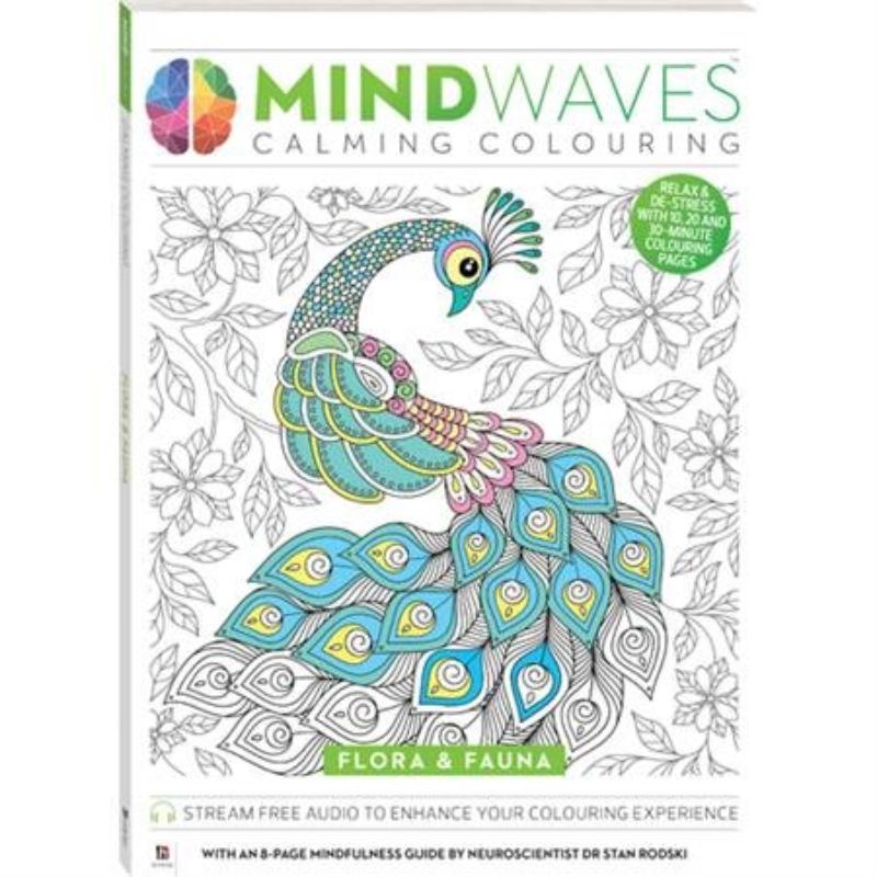 Mindwaves Calming Flora & Fauna Colouring Book with intricate designs for relaxation and mindfulness, measuring 29.6cm.