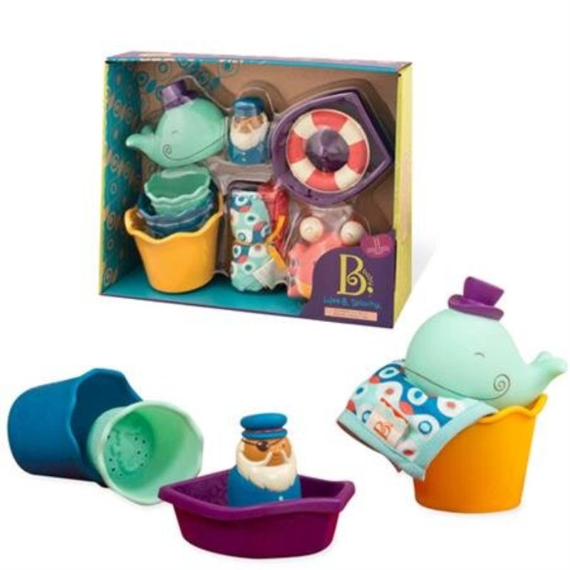 Colorful bathtime playset with mini boat, sea creatures, washcloths, and stacking cups for sensory play and adventure.