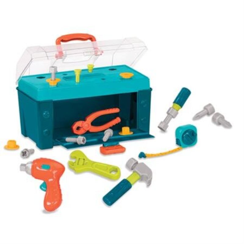 Colorful Battat Builders Tool Box featuring child-sized tools and a durable carrying case for imaginative building adventures.